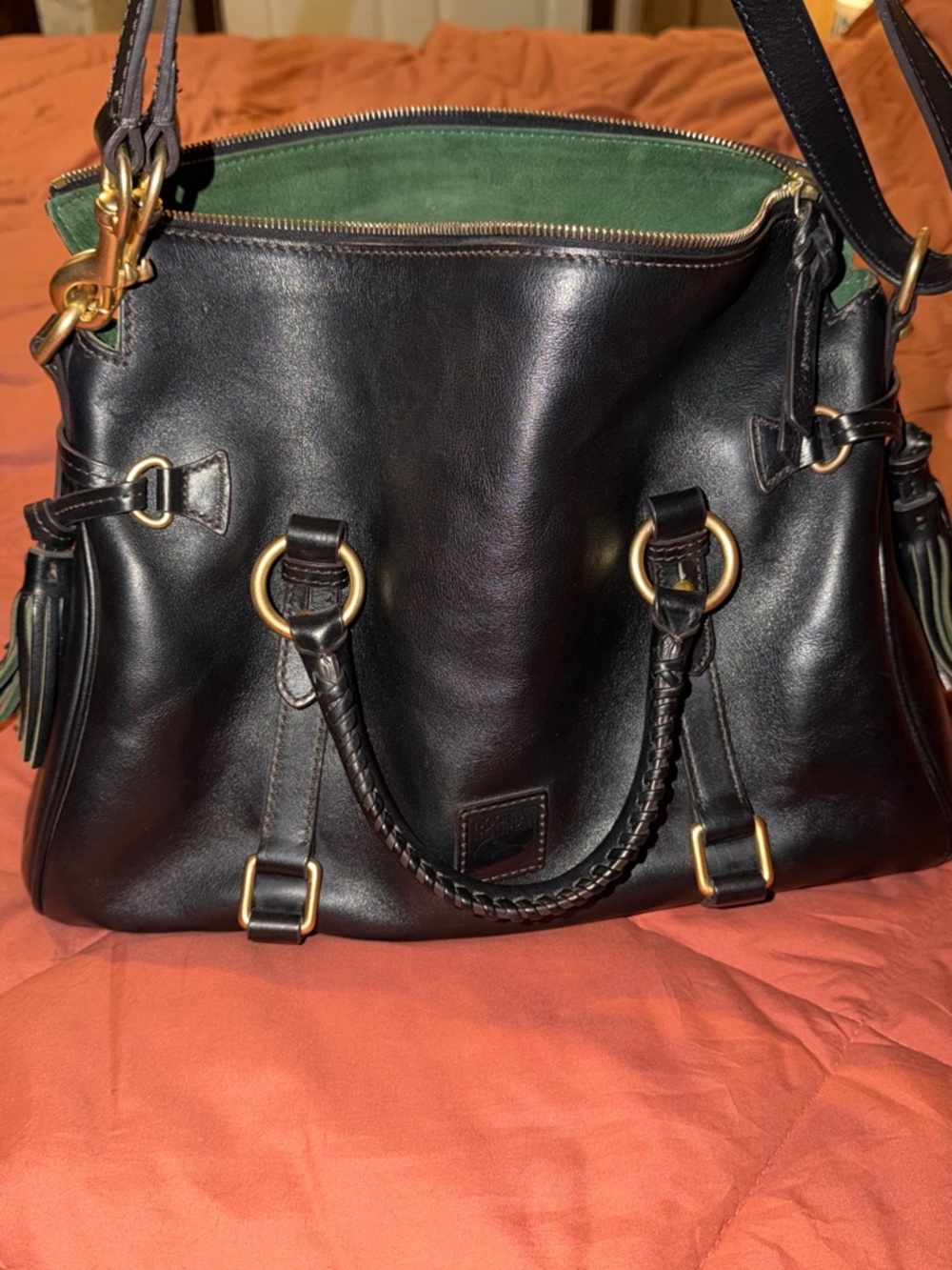 Dooney & Bourke Black Leather Shoulder Bag with Green Suede Interior